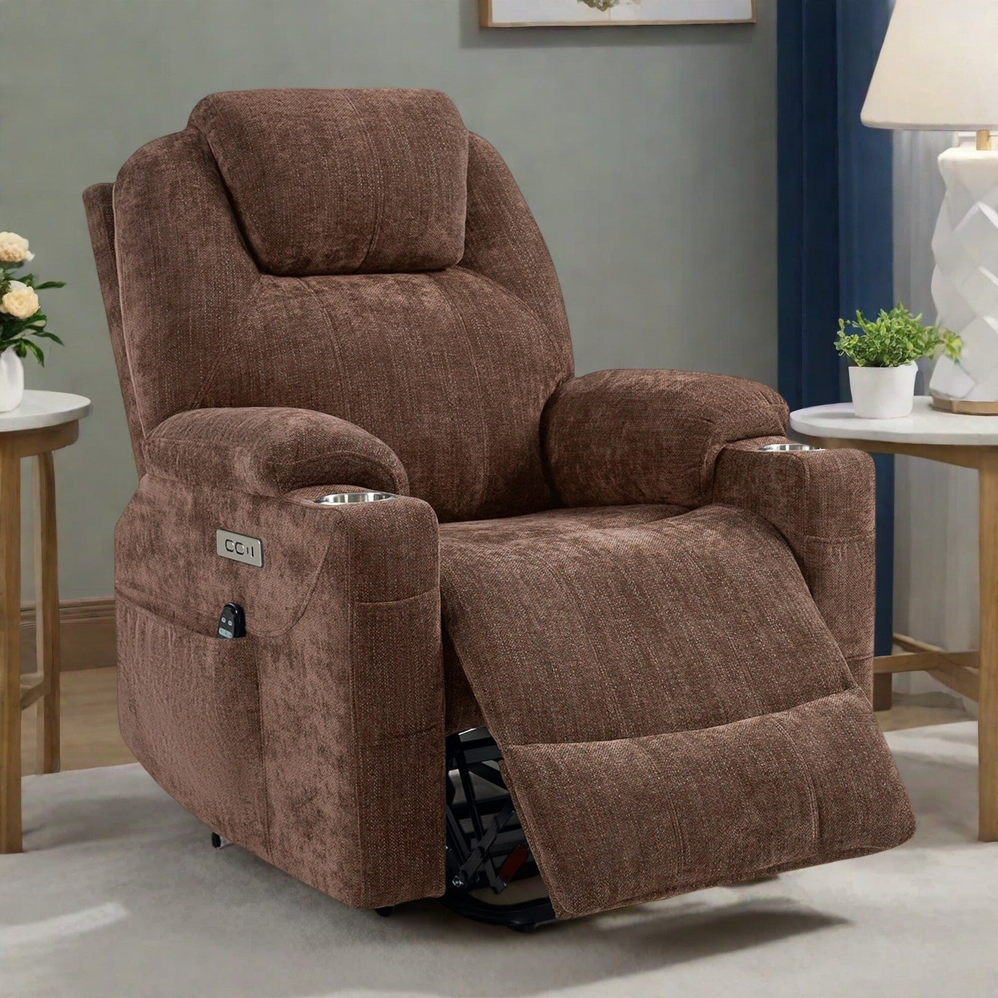 Fauteuil inclinable électrique de taille standard avec massage complet du corps, chauffage lombaire, chargement USB et porte-gobelets
