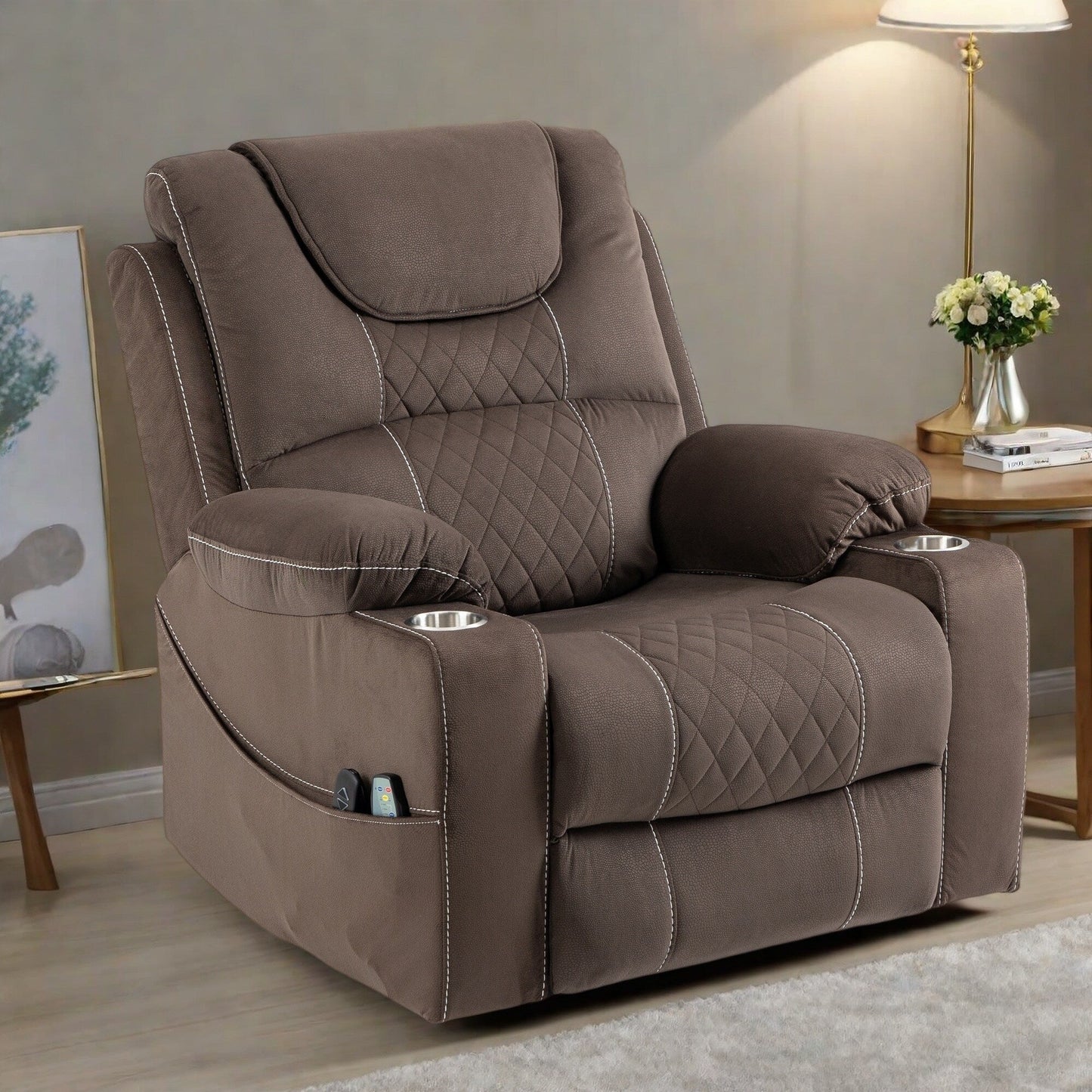 Fauteuil inclinable électrique en velours de taille standard à double moteur avec chauffage, massage et deux porte-gobelets
