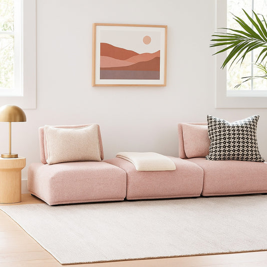 Canapé modulable 2 places Stavan, ottoman, boucle rose, dossiers réglables