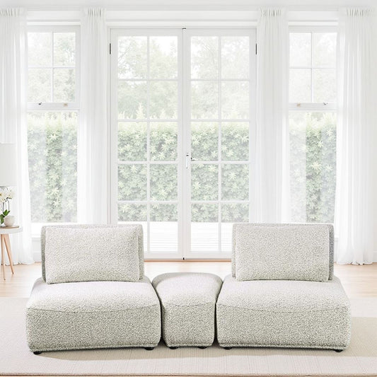 Canapé modulable incurvé 2 places Stavan, ottoman gris boucle, dossier réglable