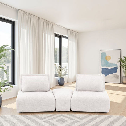 Canapé modulable incurvé 2 places Stavan, boucle blanche, profondeur d'assise réglable