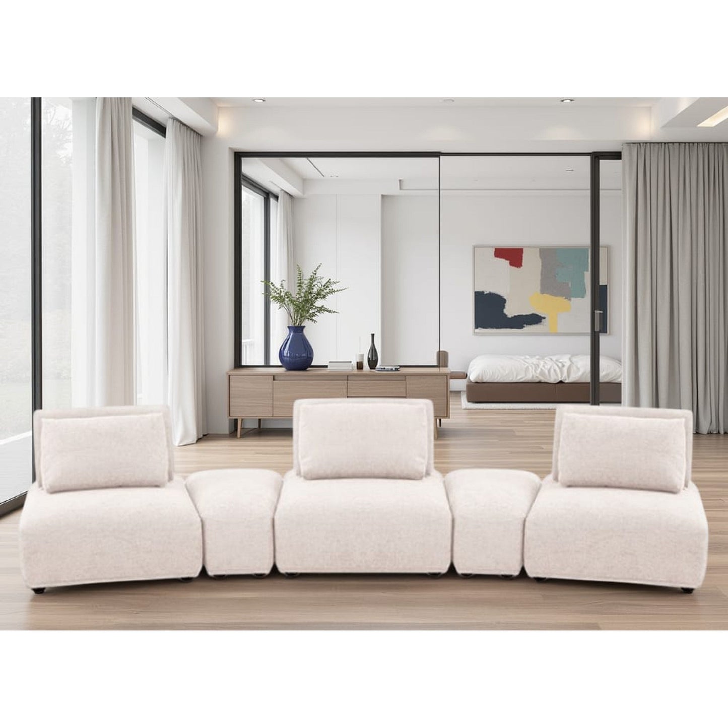 Canapé modulable incurvé 3 places Stavan, dossiers réglables en boucle marron clair