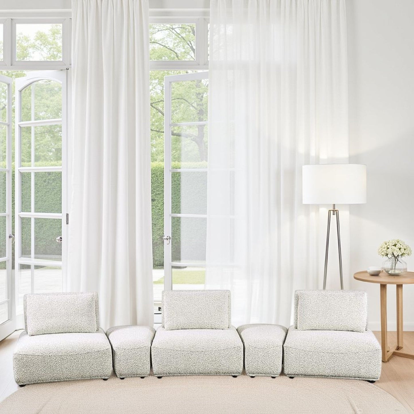 Canapé modulable incurvé 3 places Stavan, gris Boucle, profondeur d'assise réglable