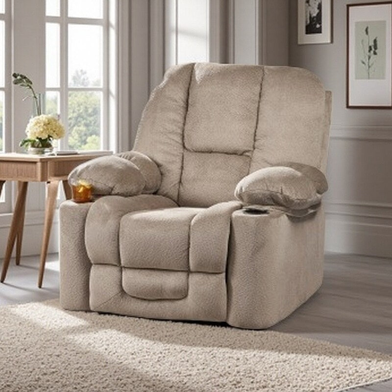 Fauteuil inclinable manuel élégant avec revêtement en tissu doux, rembourrage moelleux et deux porte-gobelets