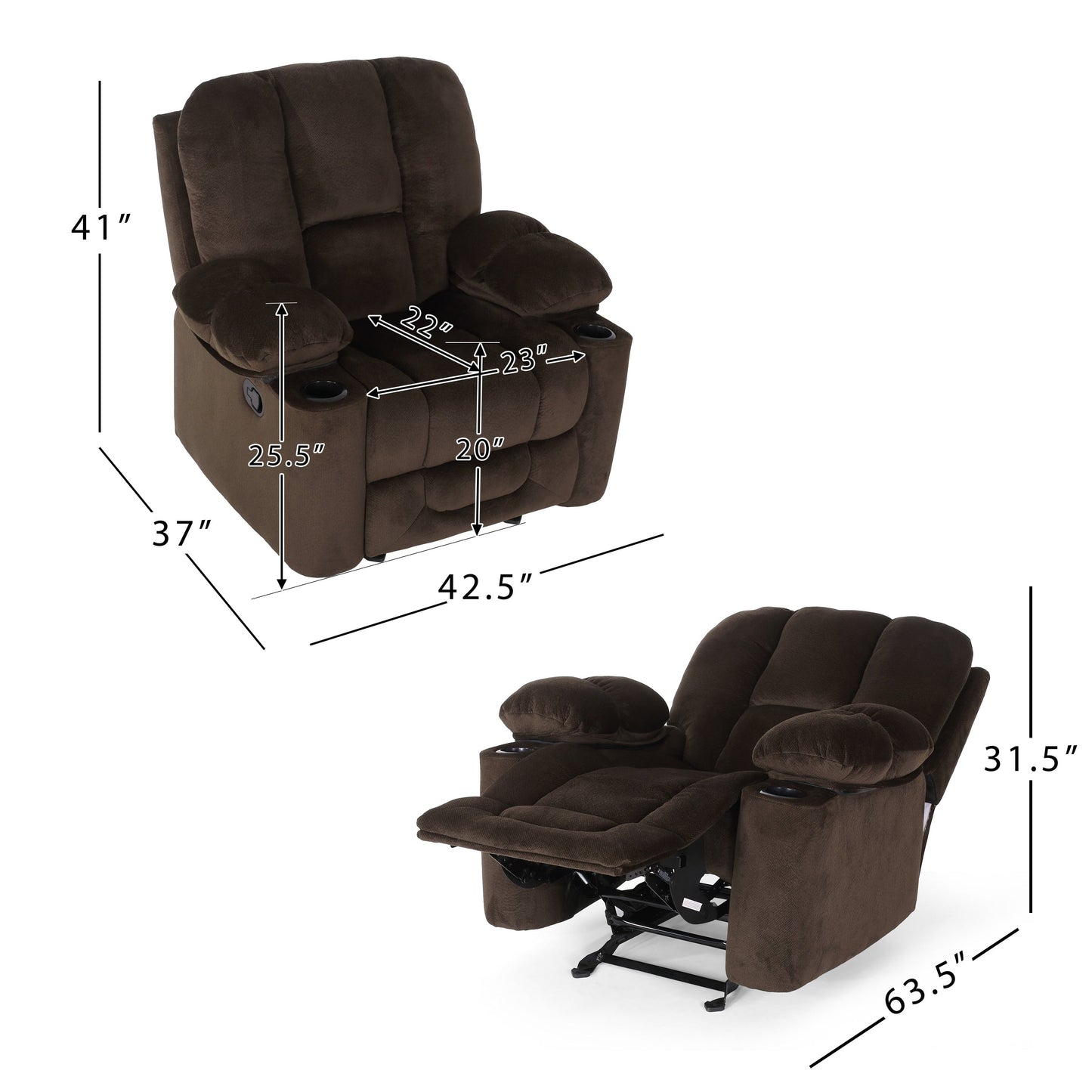 Fauteuil inclinable manuel élégant avec revêtement en tissu doux, rembourrage moelleux et deux porte-gobelets