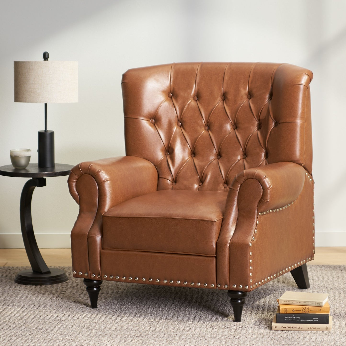 Fauteuil inclinable en tissu et bois d'hévéa Sunapee avec garniture cloutée par Christopher Knight Home