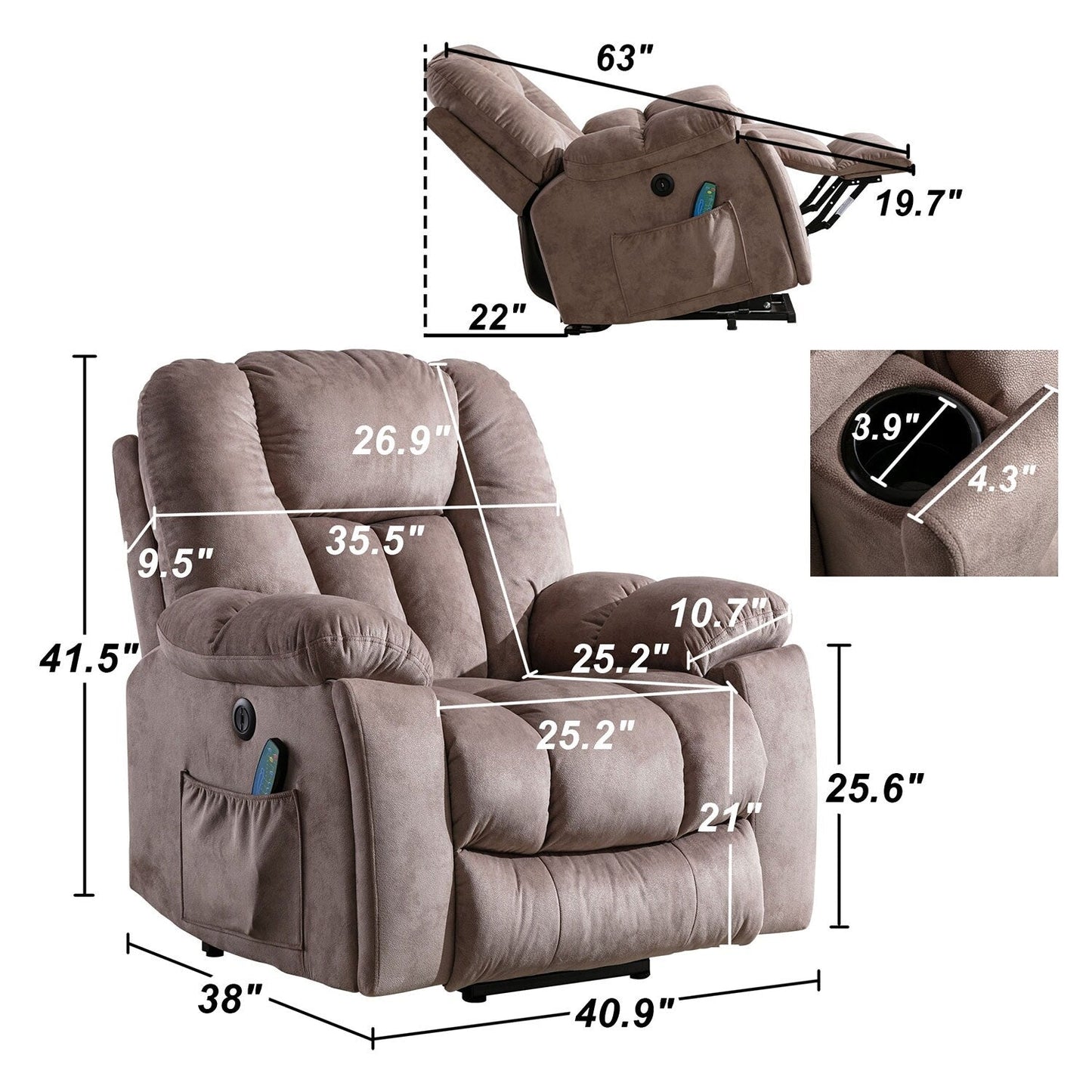 Fauteuil inclinable électrique surdimensionné avec massage et chauffage, avec 2 porte-gobelets dissimulés pour personnes âgées