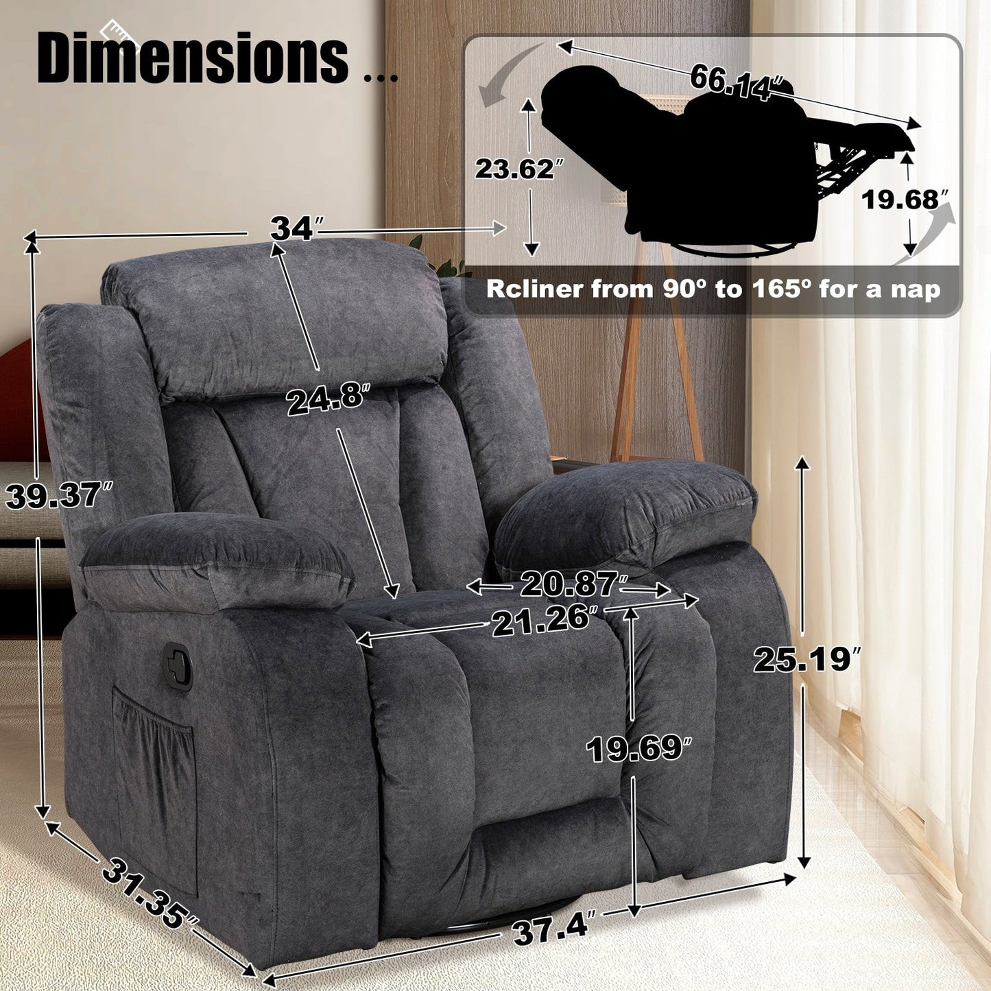 Fauteuil inclinable chauffant et massant de taille standard super confortable
