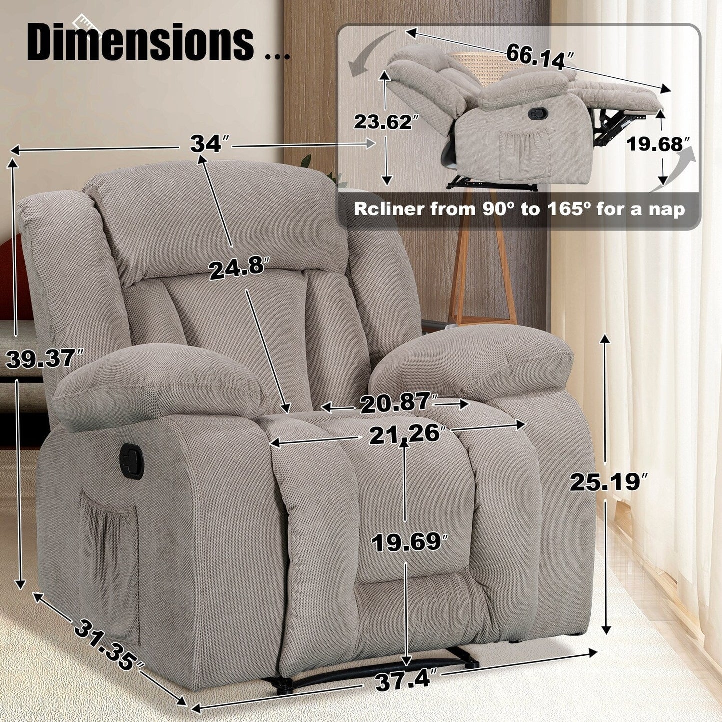 Fauteuil inclinable chauffant et massant de taille standard super confortable