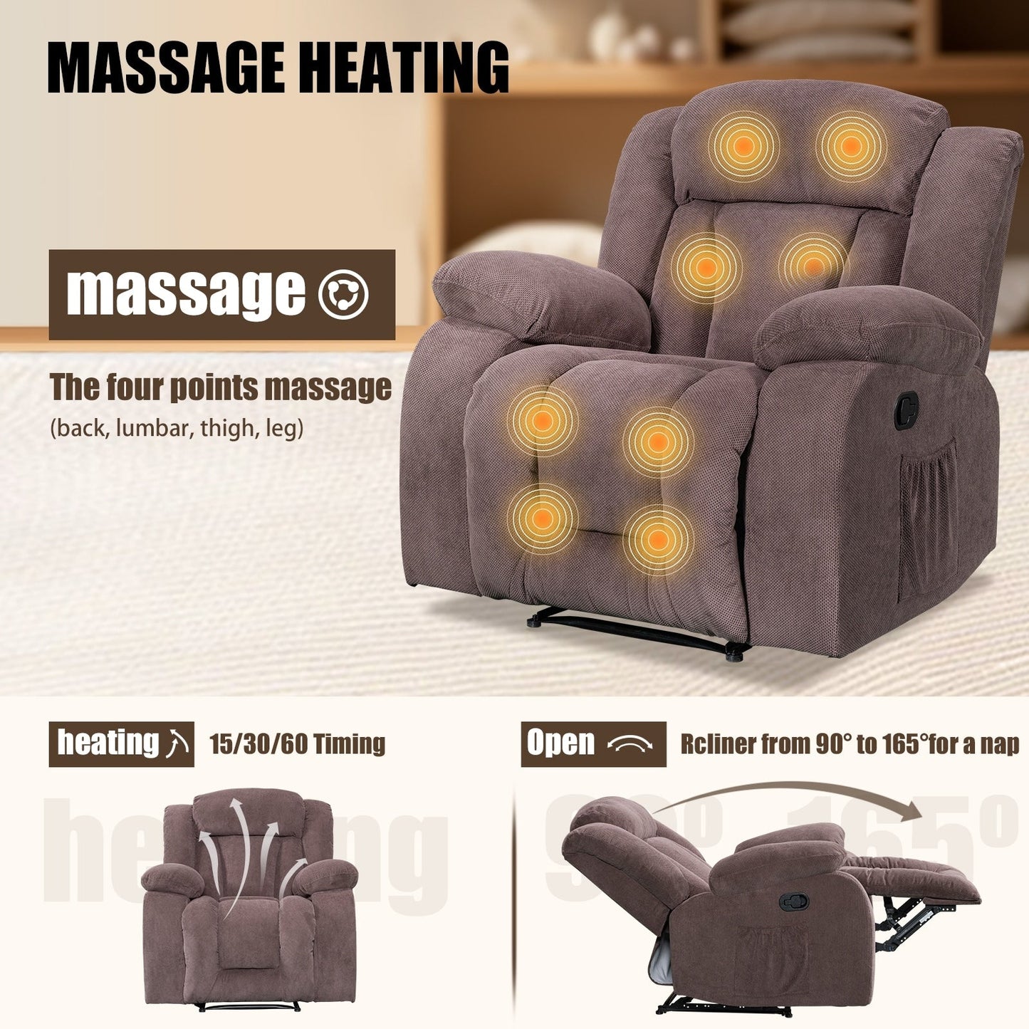 Fauteuil inclinable chauffant et massant de taille standard super confortable