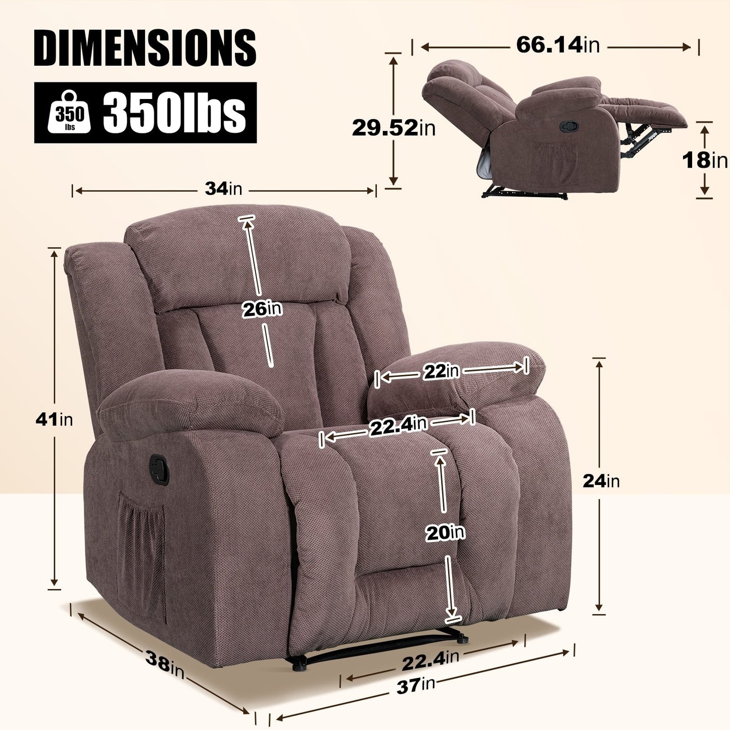 Fauteuil inclinable chauffant et massant de taille standard super confortable