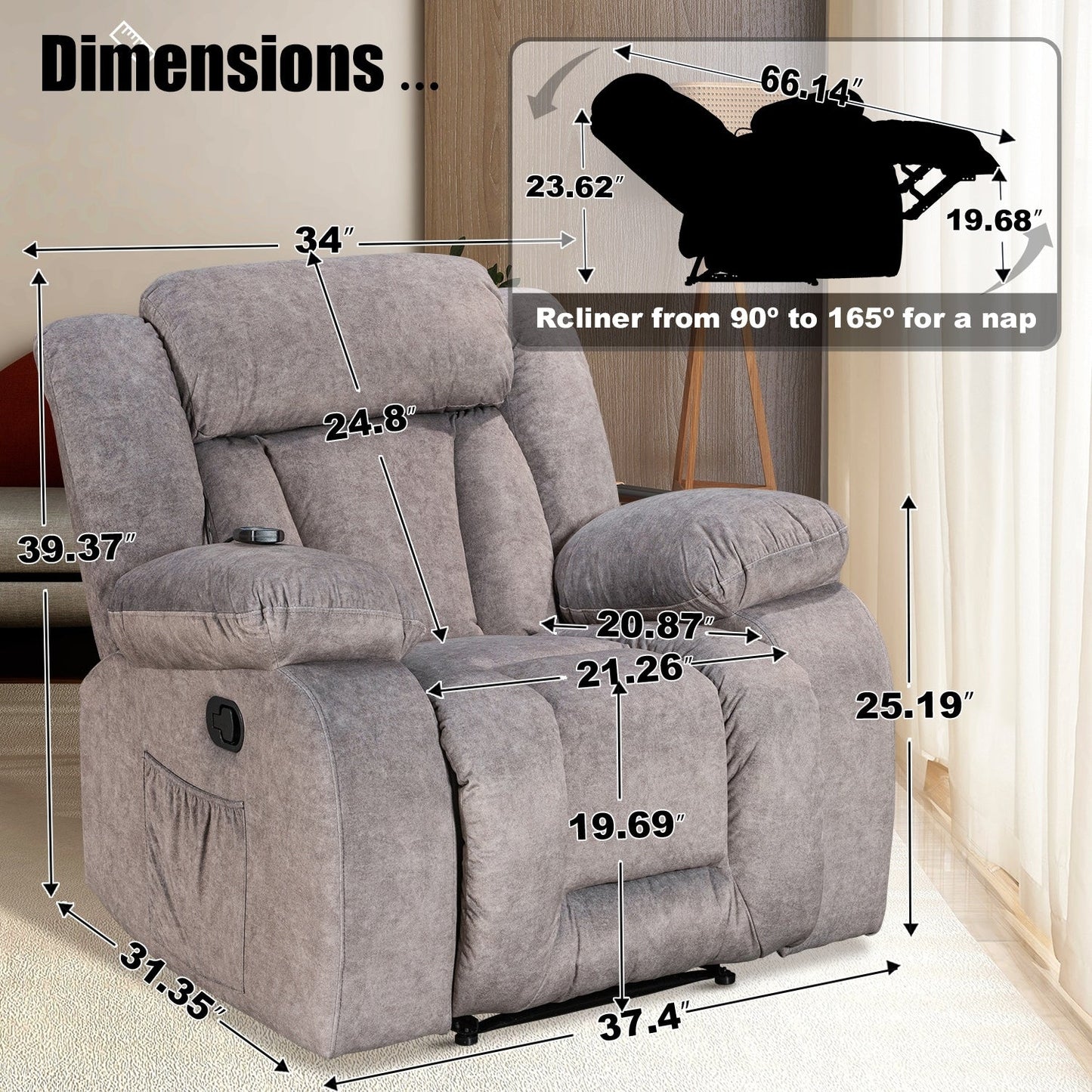 Fauteuil inclinable chauffant et massant de taille standard super confortable