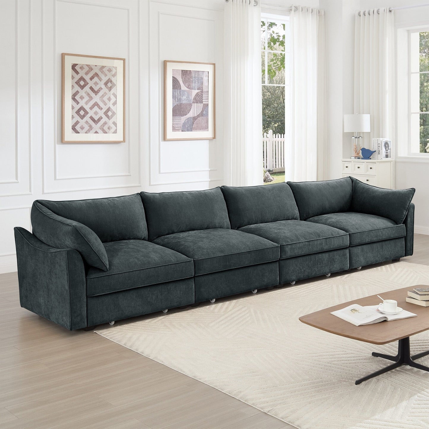 Canapé 4 places très large et profond avec tiroir de rangement coulissant sous chaque siège