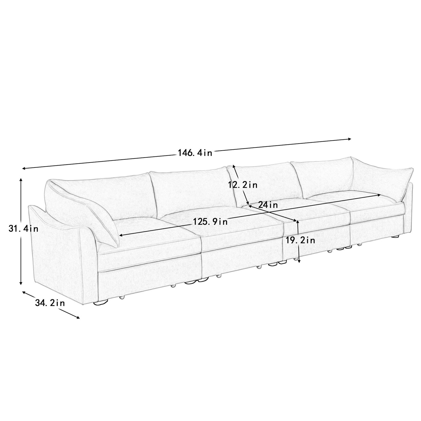 Canapé 4 places très large et profond avec tiroir de rangement coulissant sous chaque siège