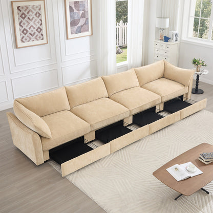 Canapé 4 places très large et profond avec tiroir de rangement coulissant sous chaque siège