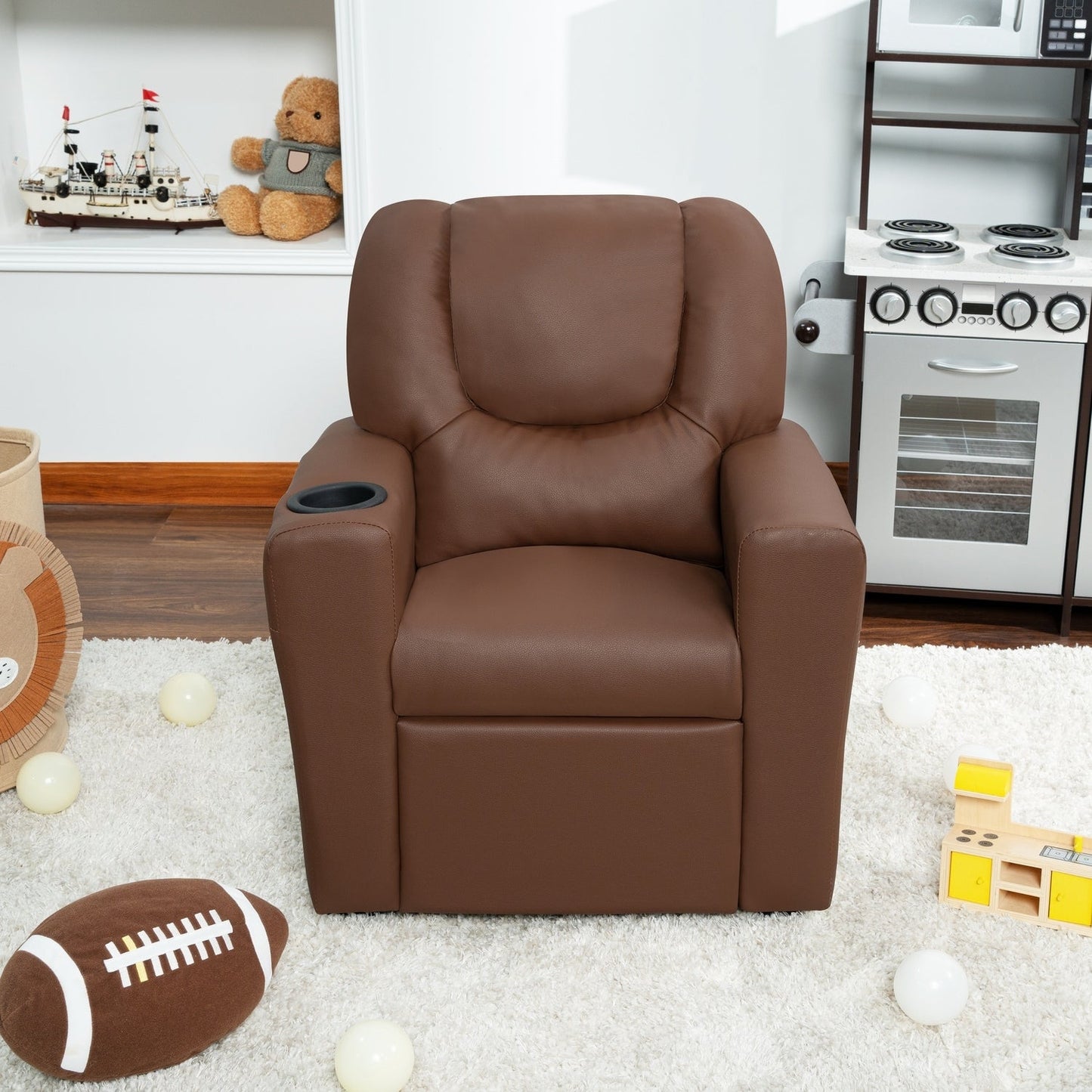 Fauteuil inclinable en PVC pour enfants avec fonction d'inclinaison par poussée, porte-gobelet et repose-pieds confortable