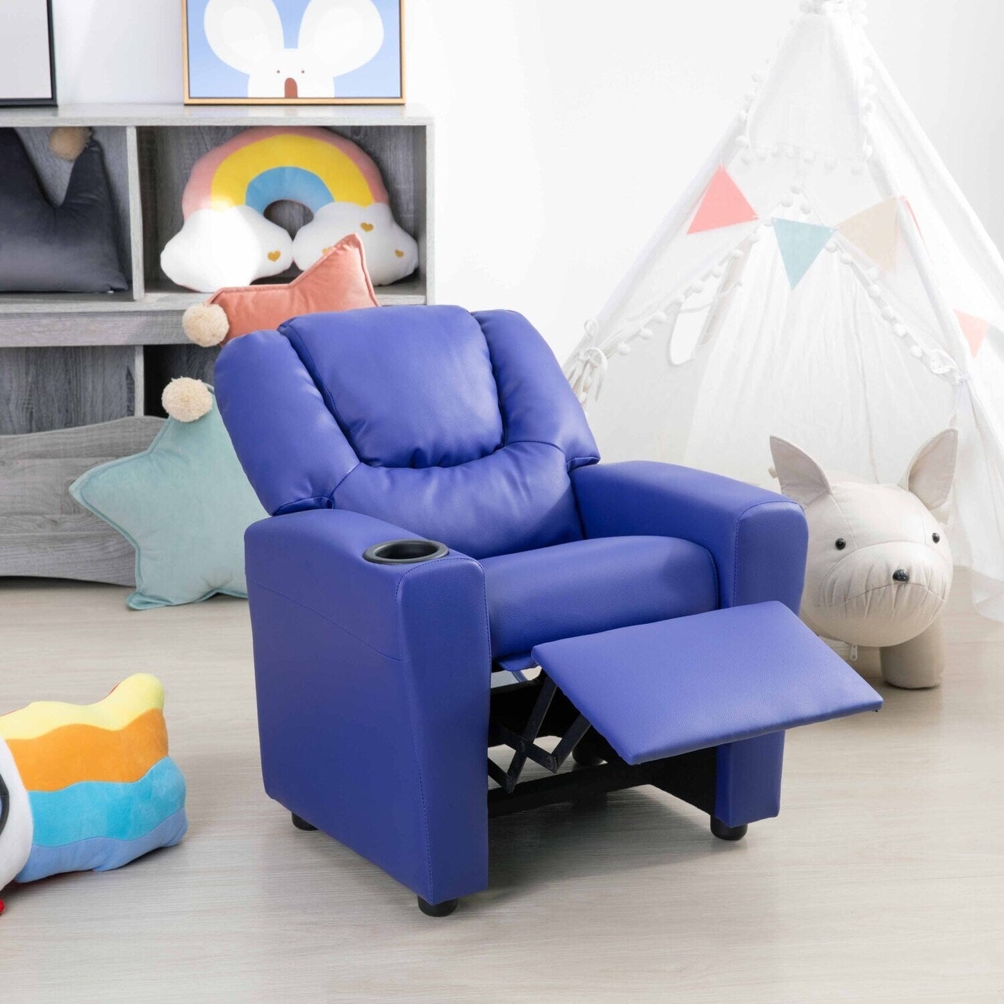 Fauteuil inclinable en PVC pour enfants avec fonction d'inclinaison par poussée, porte-gobelet et repose-pieds confortable