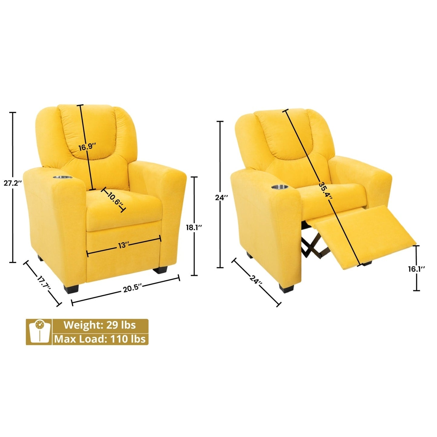 Fauteuil inclinable en PVC pour enfants avec fonction d'inclinaison par poussée, porte-gobelet et repose-pieds confortable