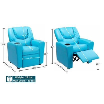 Fauteuil inclinable en PVC pour enfants avec fonction d'inclinaison par poussée, porte-gobelet et repose-pieds confortable