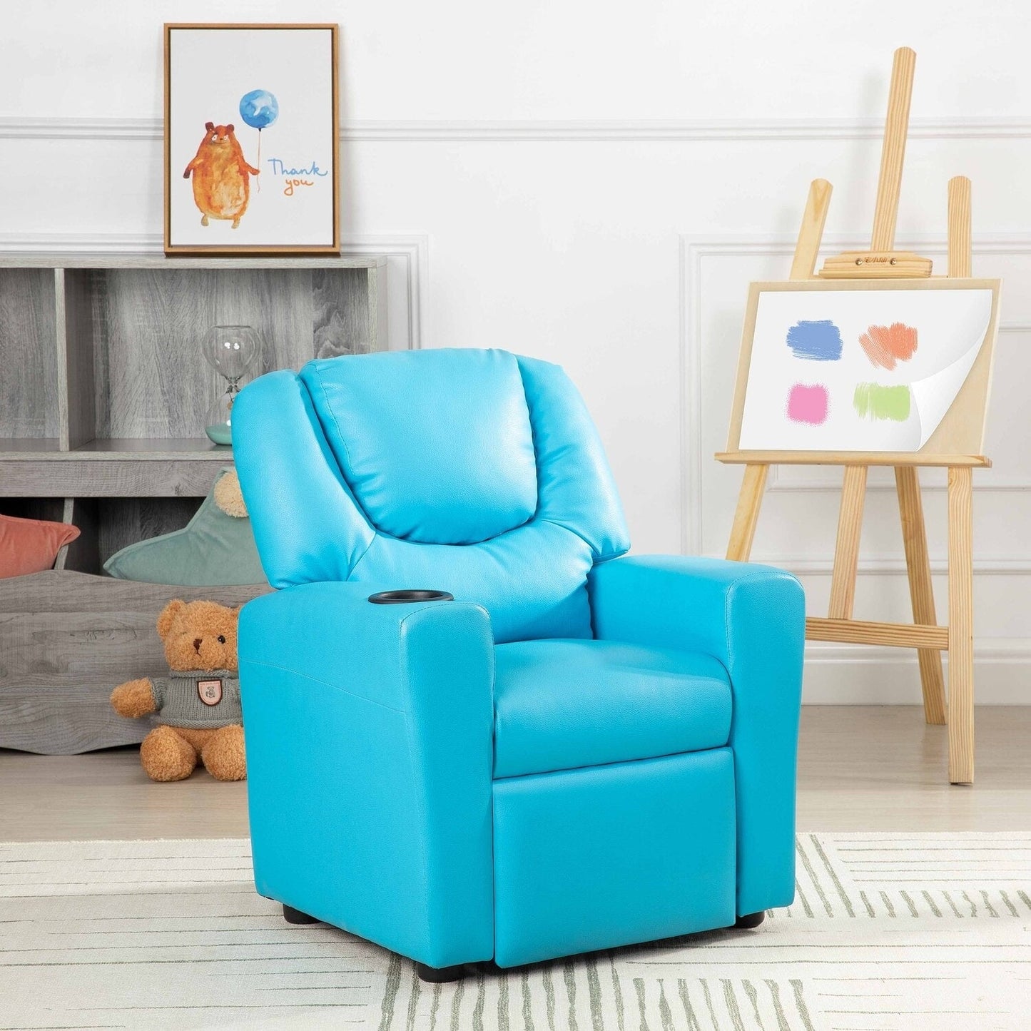 Fauteuil inclinable en PVC pour enfants avec fonction d'inclinaison par poussée, porte-gobelet et repose-pieds confortable