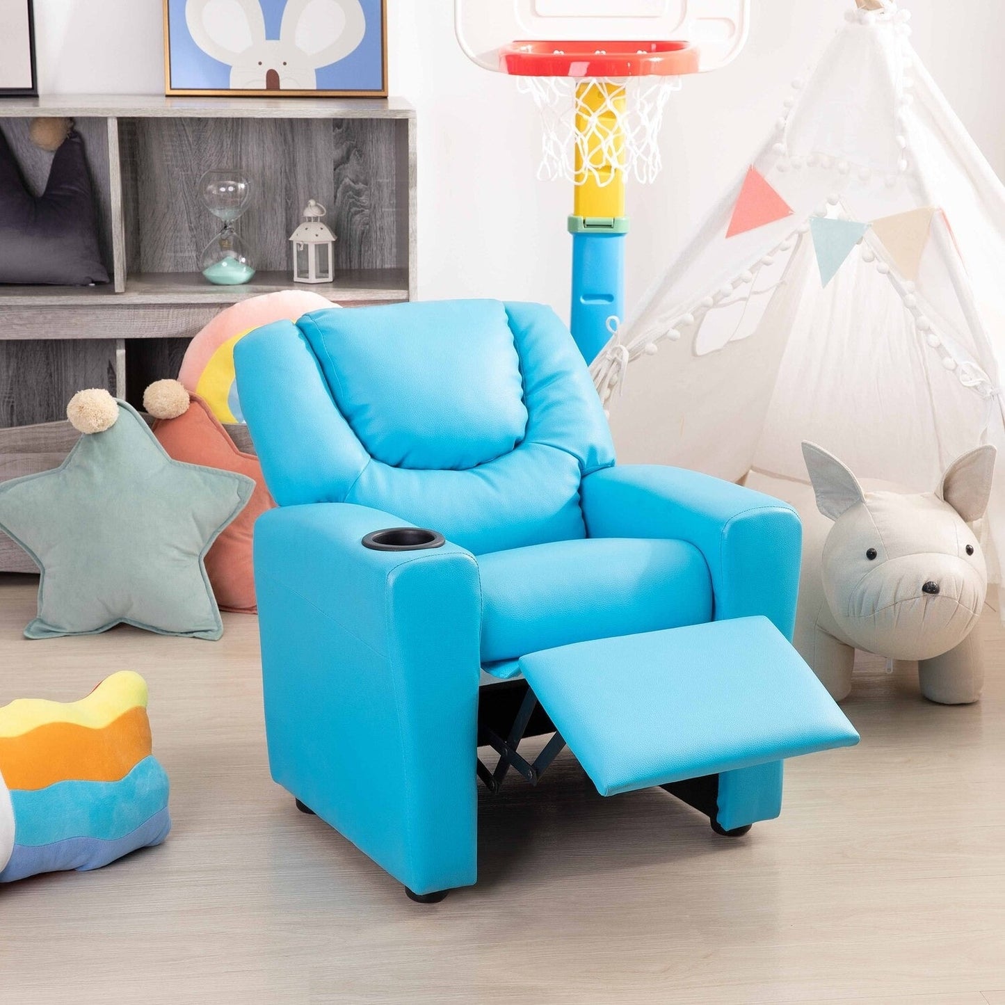 Fauteuil inclinable en PVC pour enfants avec fonction d'inclinaison par poussée, porte-gobelet et repose-pieds confortable