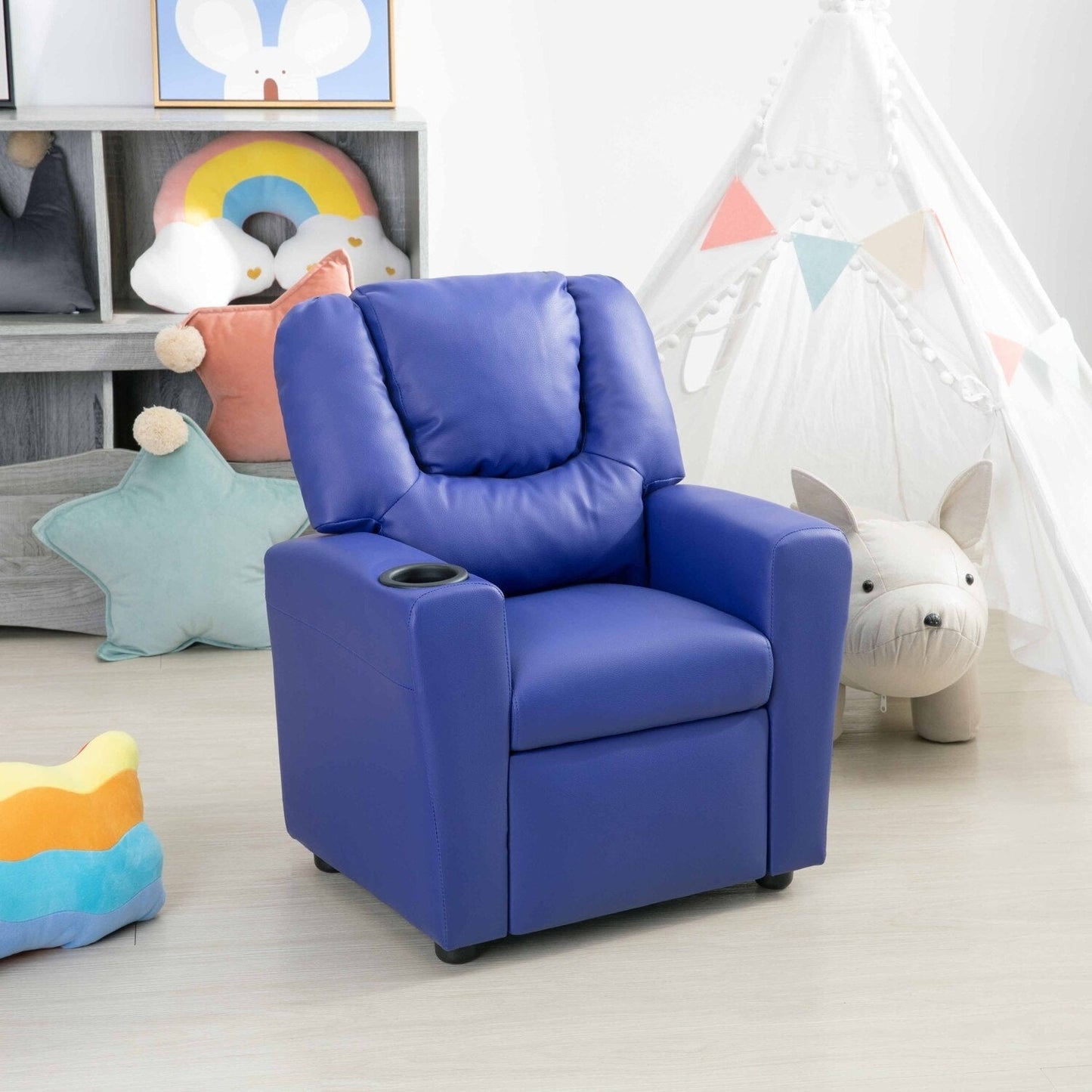 Fauteuil inclinable en PVC pour enfants avec fonction d'inclinaison par poussée, porte-gobelet et repose-pieds confortable