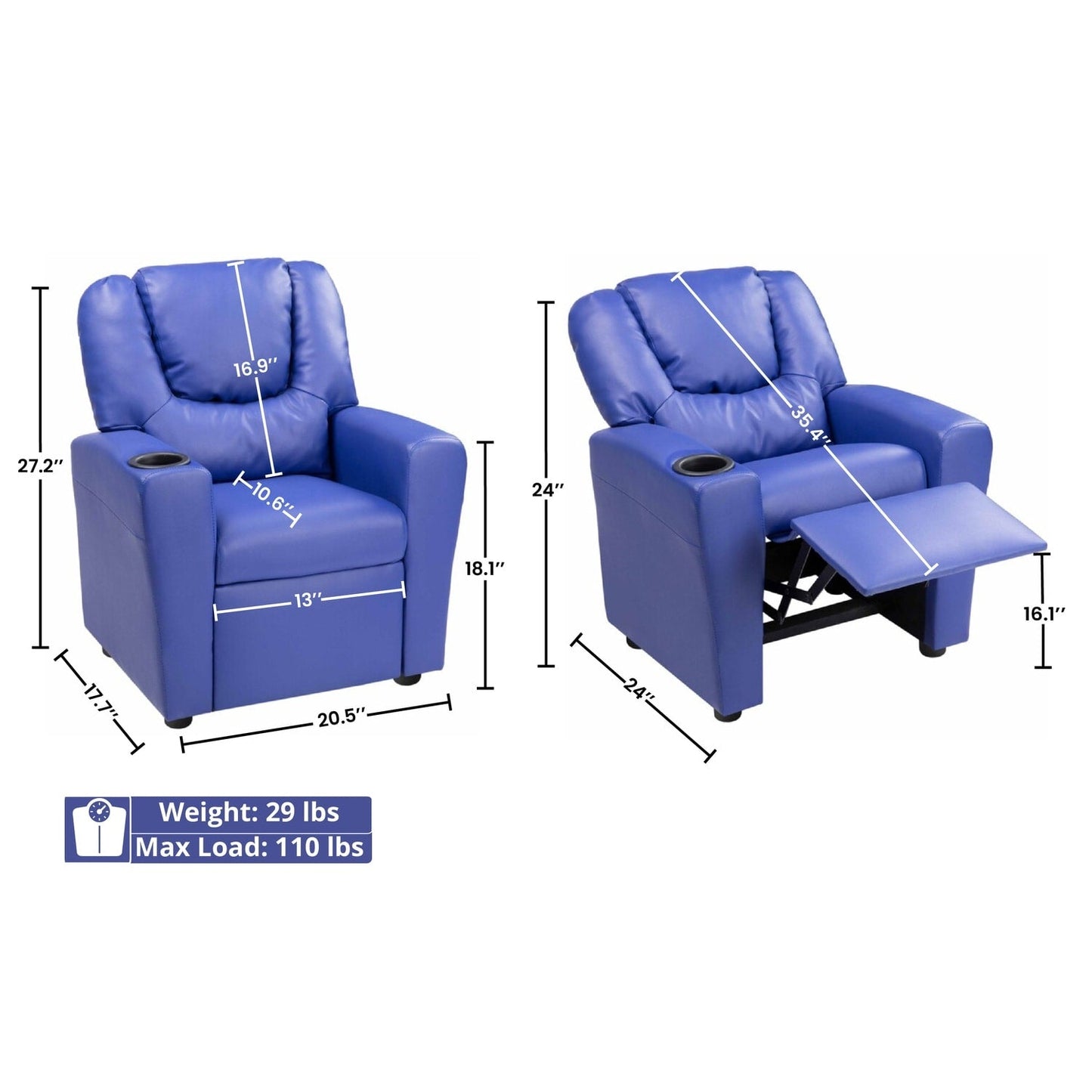 Fauteuil inclinable en PVC pour enfants avec fonction d'inclinaison par poussée, porte-gobelet et repose-pieds confortable