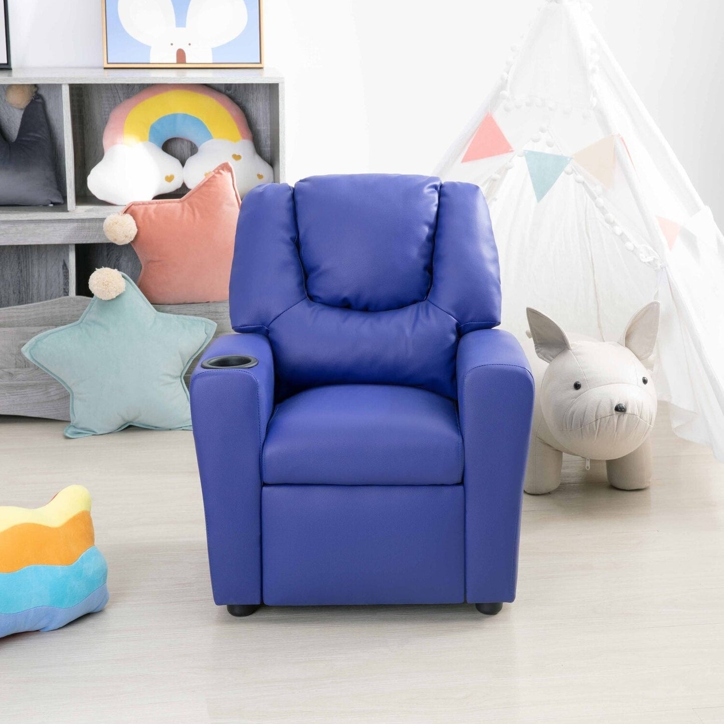 Fauteuil inclinable en PVC pour enfants avec fonction d'inclinaison par poussée, porte-gobelet et repose-pieds confortable