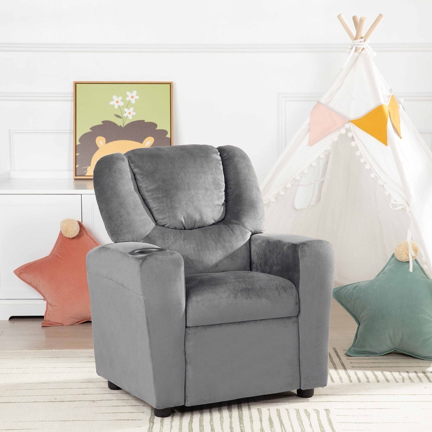 Fauteuil inclinable en PVC pour enfants avec fonction d'inclinaison par poussée, porte-gobelet et repose-pieds confortable