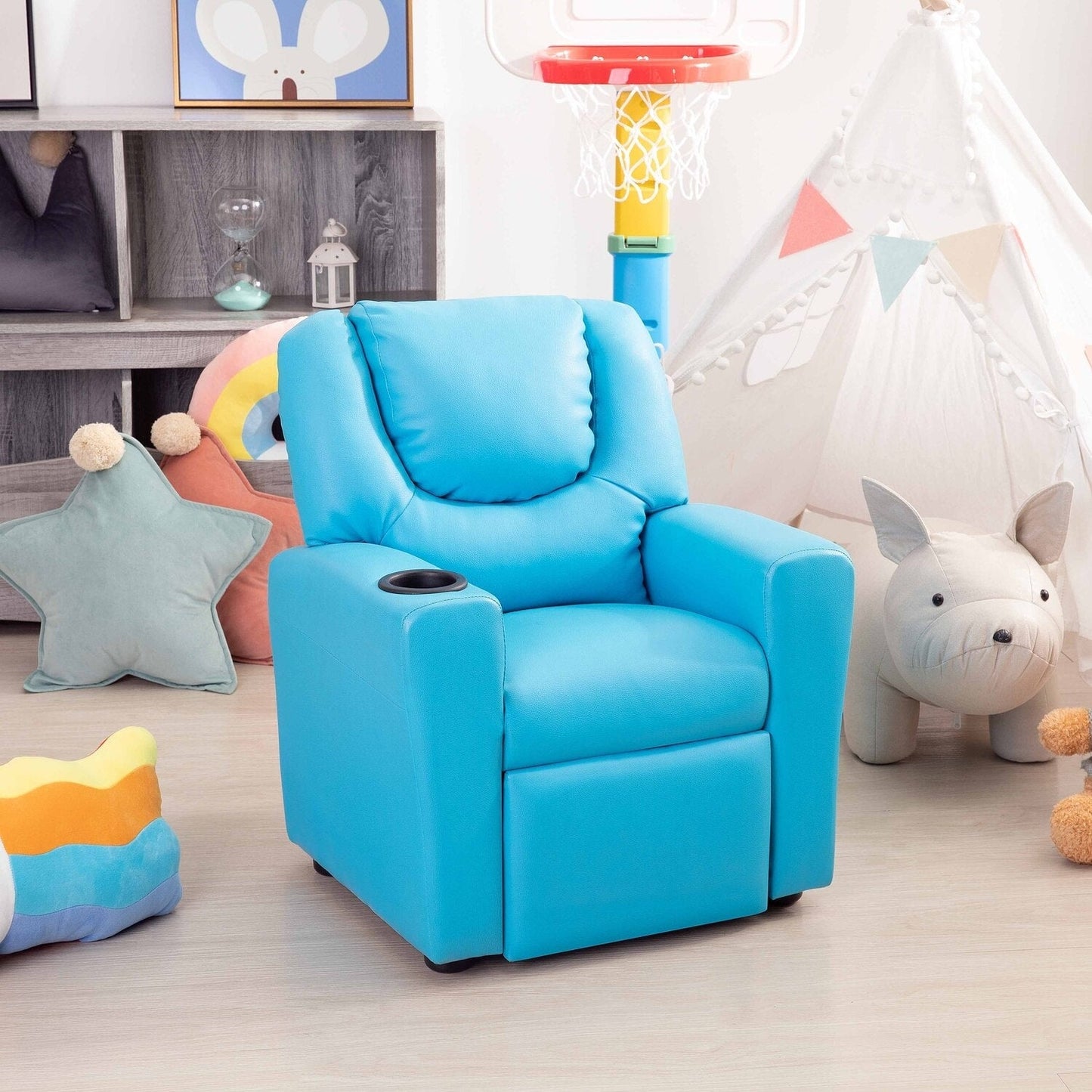 Fauteuil inclinable en PVC pour enfants avec fonction d'inclinaison par poussée, porte-gobelet et repose-pieds confortable