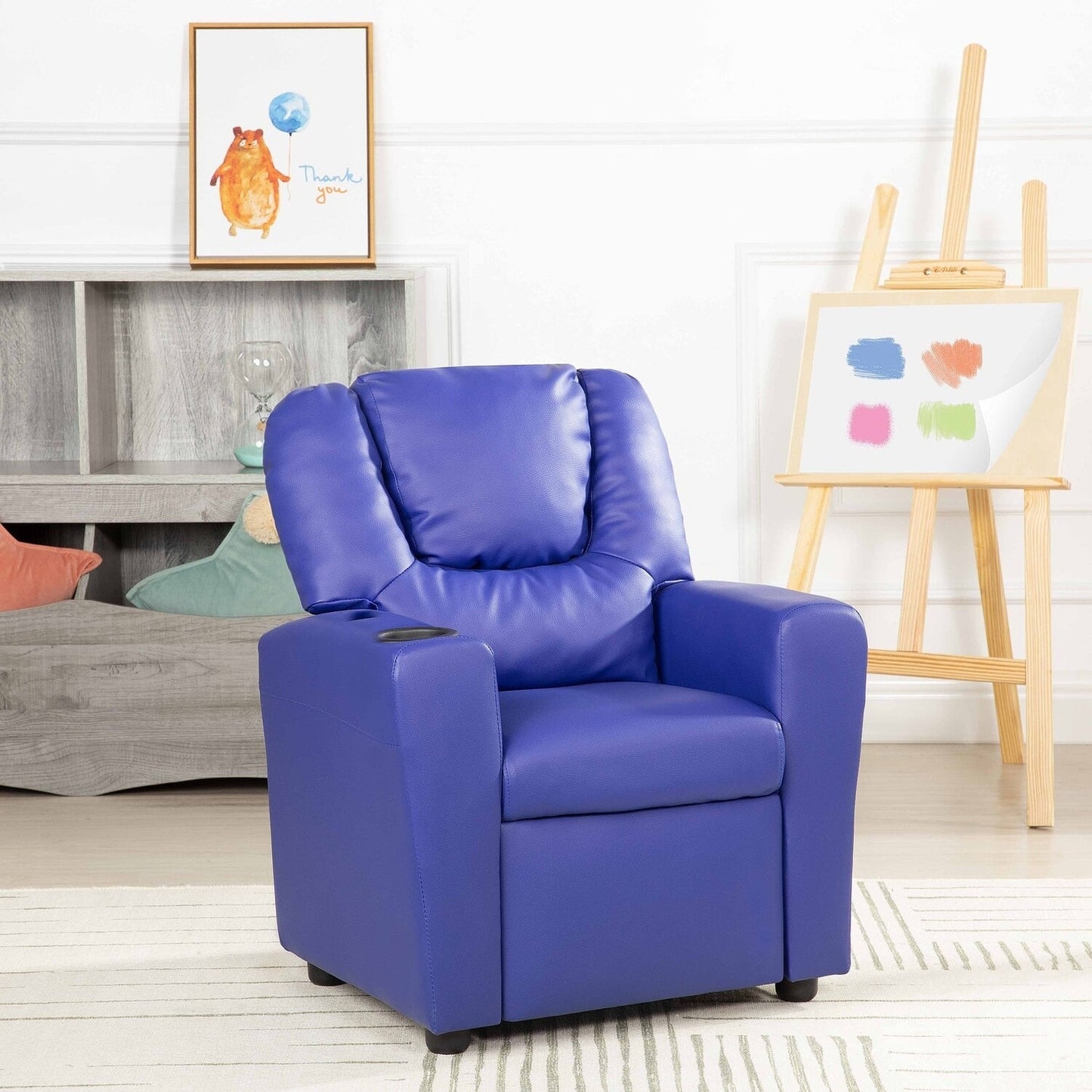 Fauteuil inclinable en PVC pour enfants avec fonction d'inclinaison par poussée, porte-gobelet et repose-pieds confortable