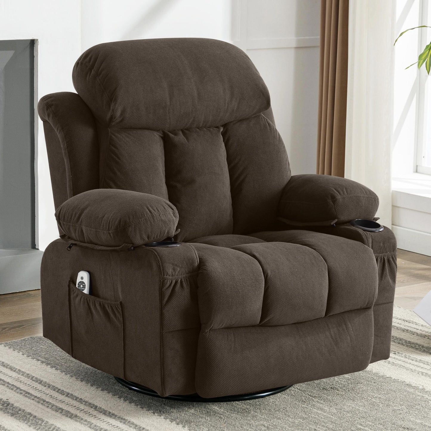 Fauteuil massant chauffant et pivotant, avec port USB et 2 porte-gobelets dans les poches latérales