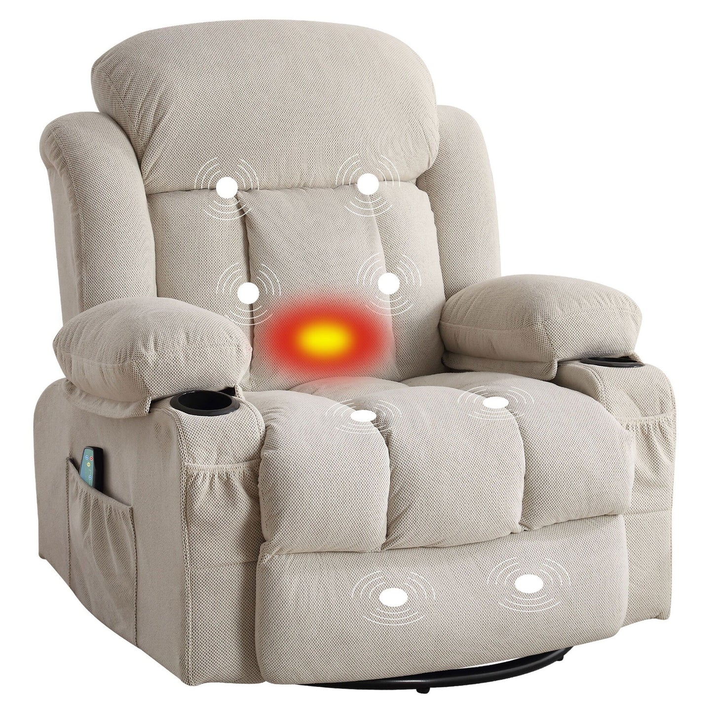 Fauteuil de massage chauffant pivotant, avec port USB et 2 porte-gobelets dans les poches latérales, accoudoir en plastique