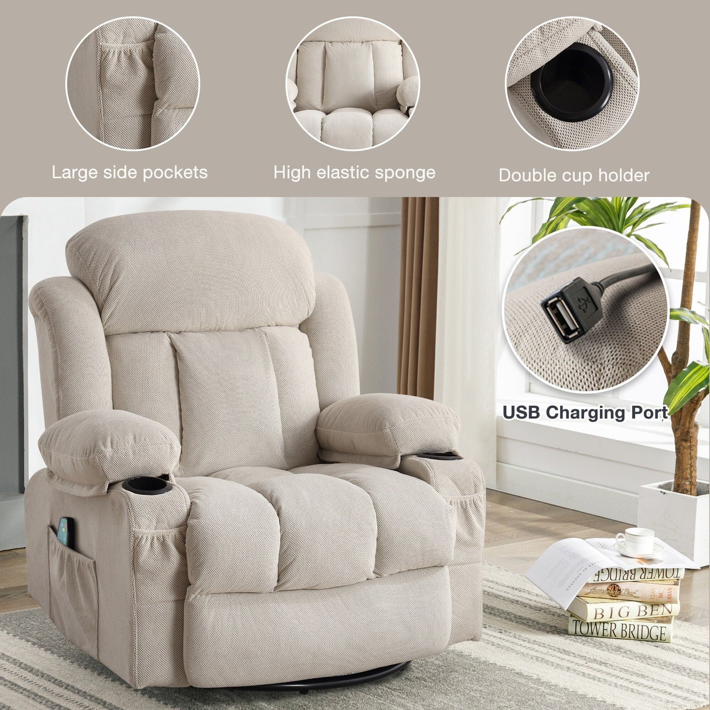 Fauteuil de massage chauffant pivotant, avec port USB et 2 porte-gobelets dans les poches latérales, accoudoir en plastique