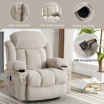 Fauteuil de massage chauffant pivotant, avec port USB et 2 porte-gobelets dans les poches latérales, Package A+B (BEIGE)