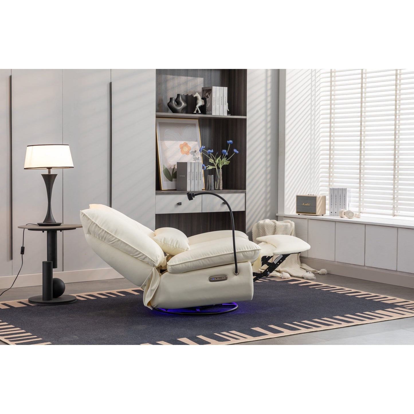 Fauteuil inclinable pivotant et électrique avec haut-parleurs Bluetooth, support de téléphone, ports de chargement USB et Type-C, rangement dissimulé des accoudoirs