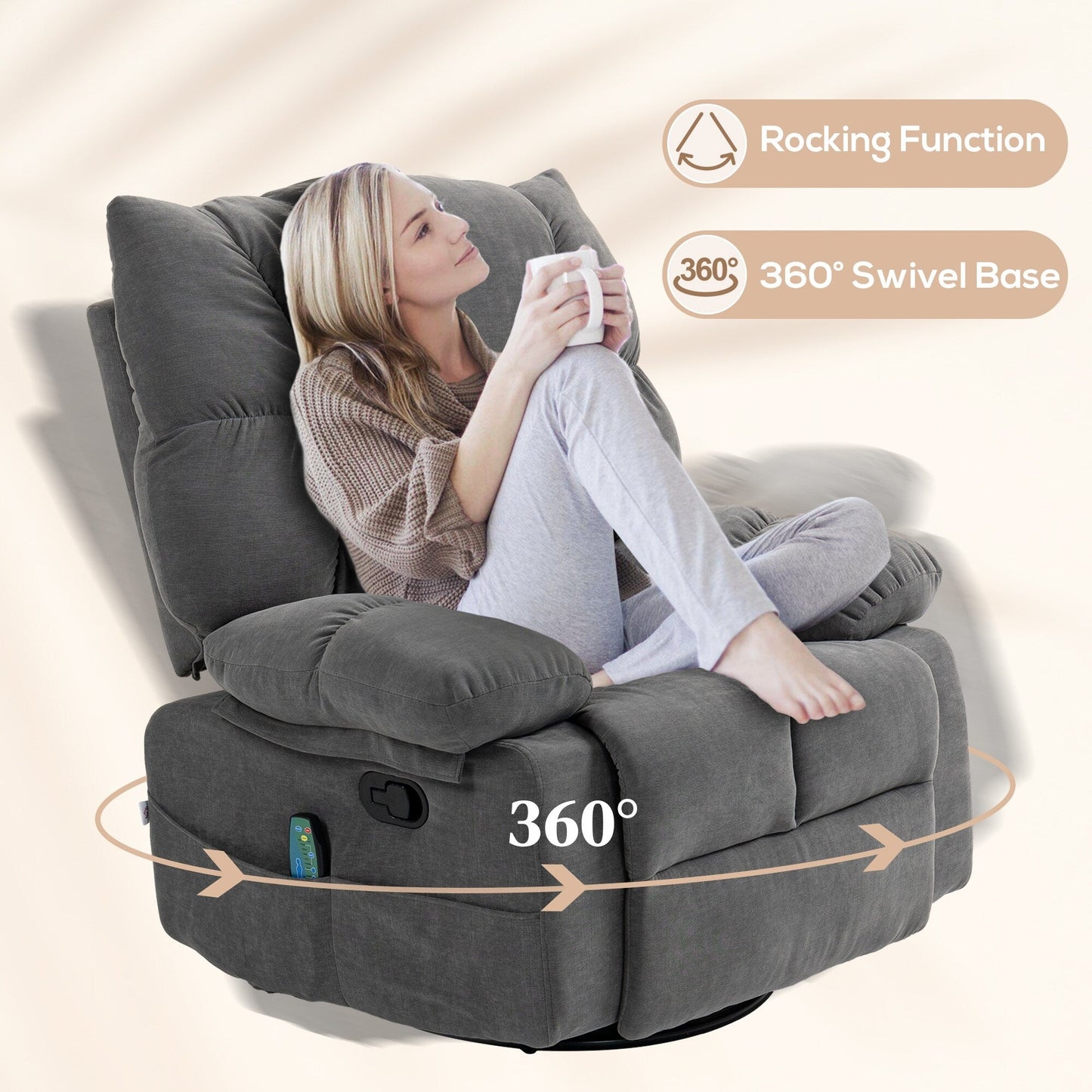 Fauteuil inclinable pivotant manuel avec massage par vibration, chauffage, repose-pieds, télécommande et quatre poches latérales pratiques