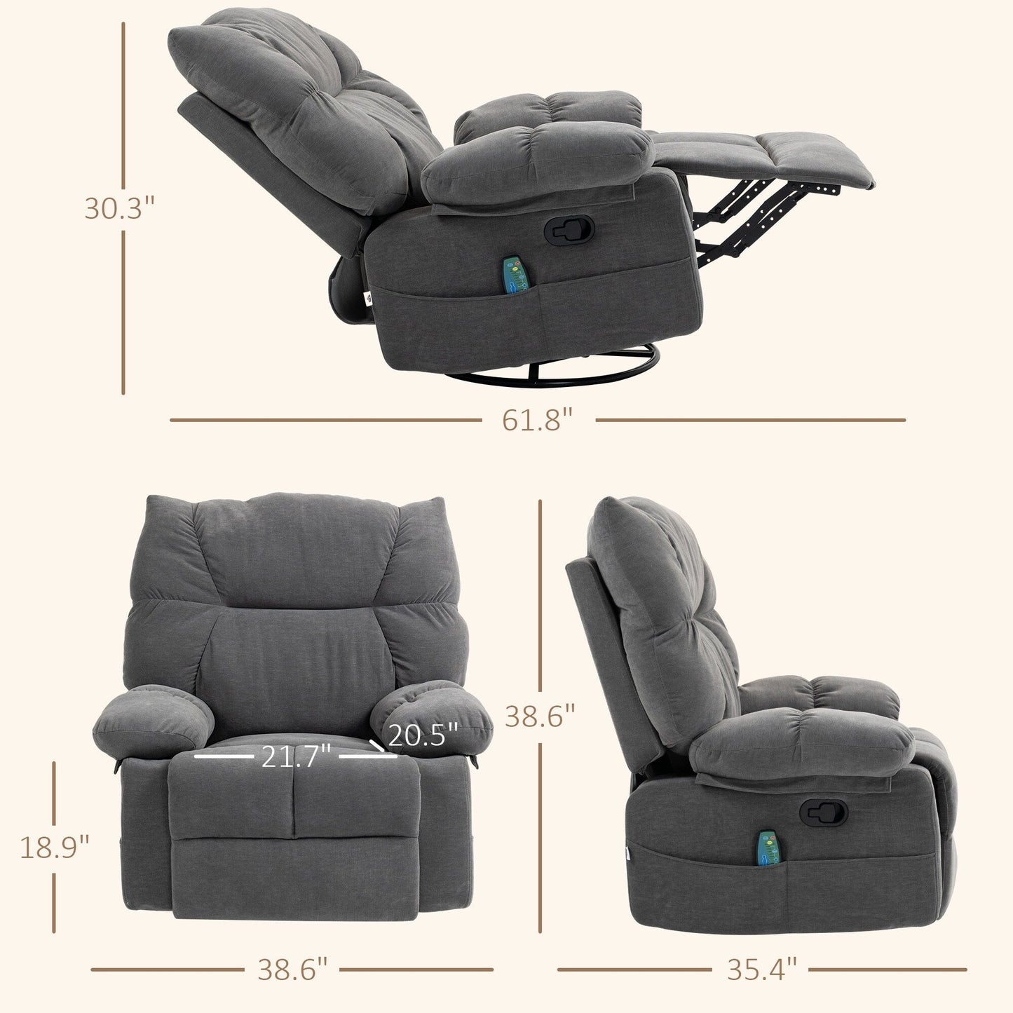 Fauteuil inclinable pivotant manuel avec massage par vibration, chauffage, repose-pieds, télécommande et quatre poches latérales pratiques