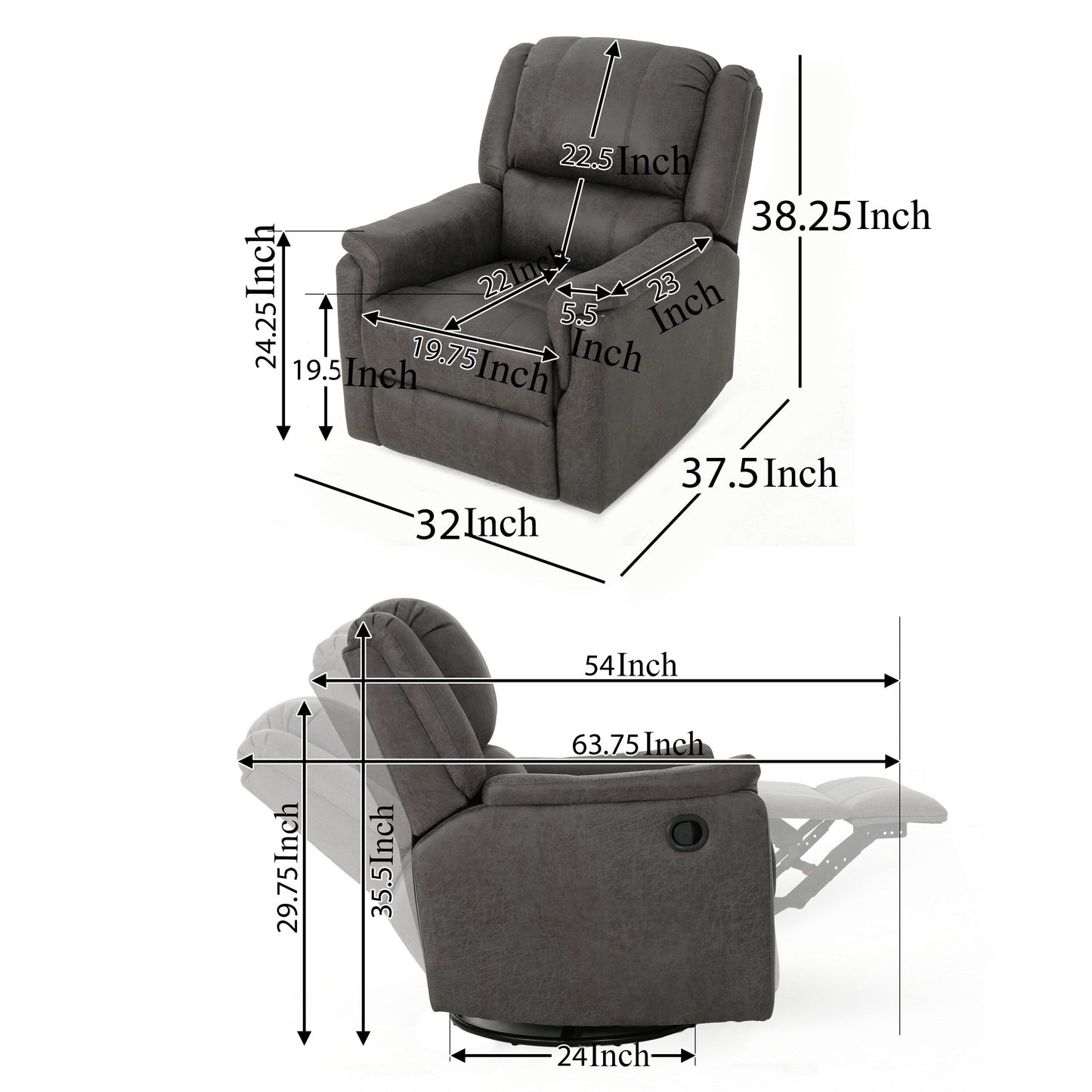 Fauteuil pivotant inclinable manuel, coussins, tissu gris lisse