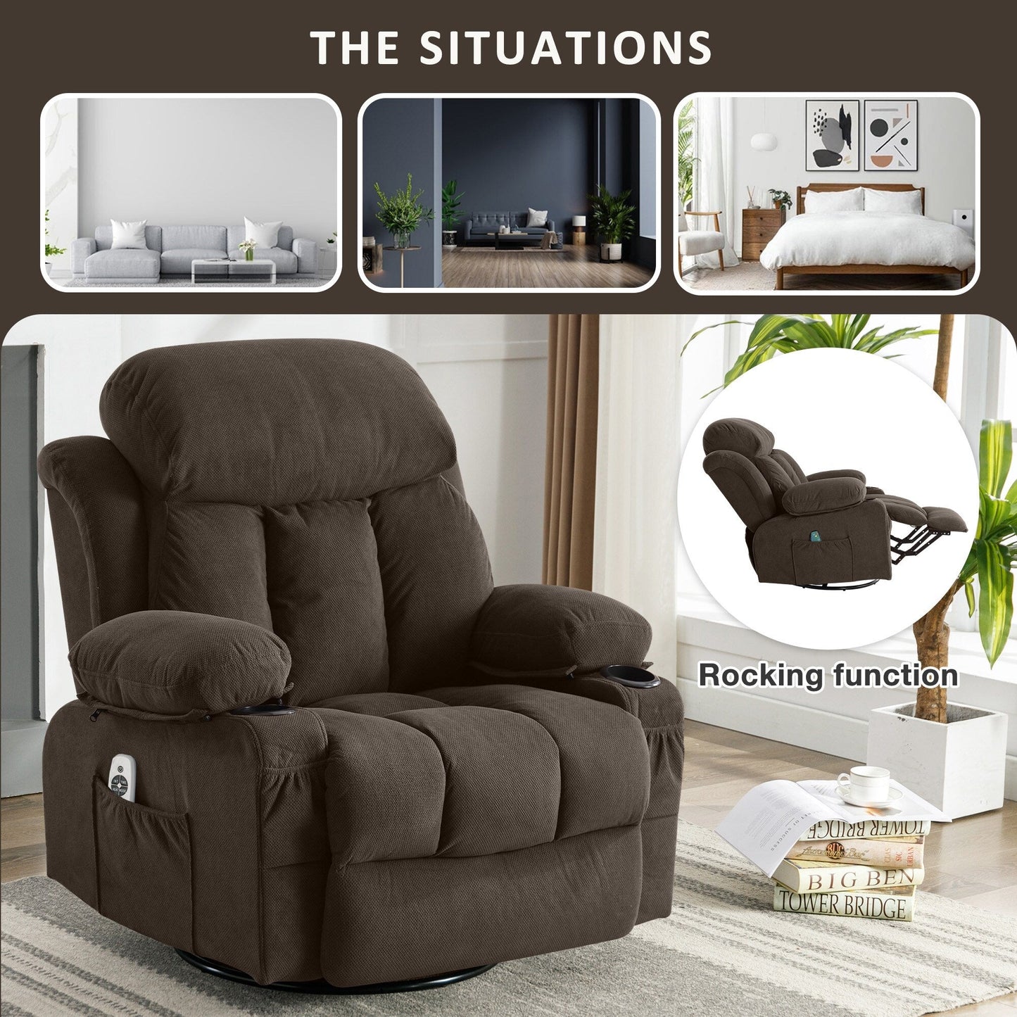 Fauteuil inclinable de massage pivotant en velours avec chauffage et port USB