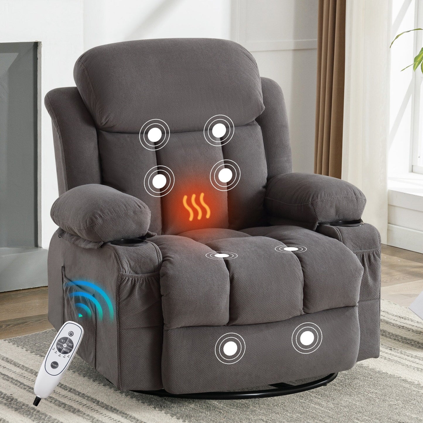 Fauteuil inclinable de massage pivotant en velours avec chauffage et port USB