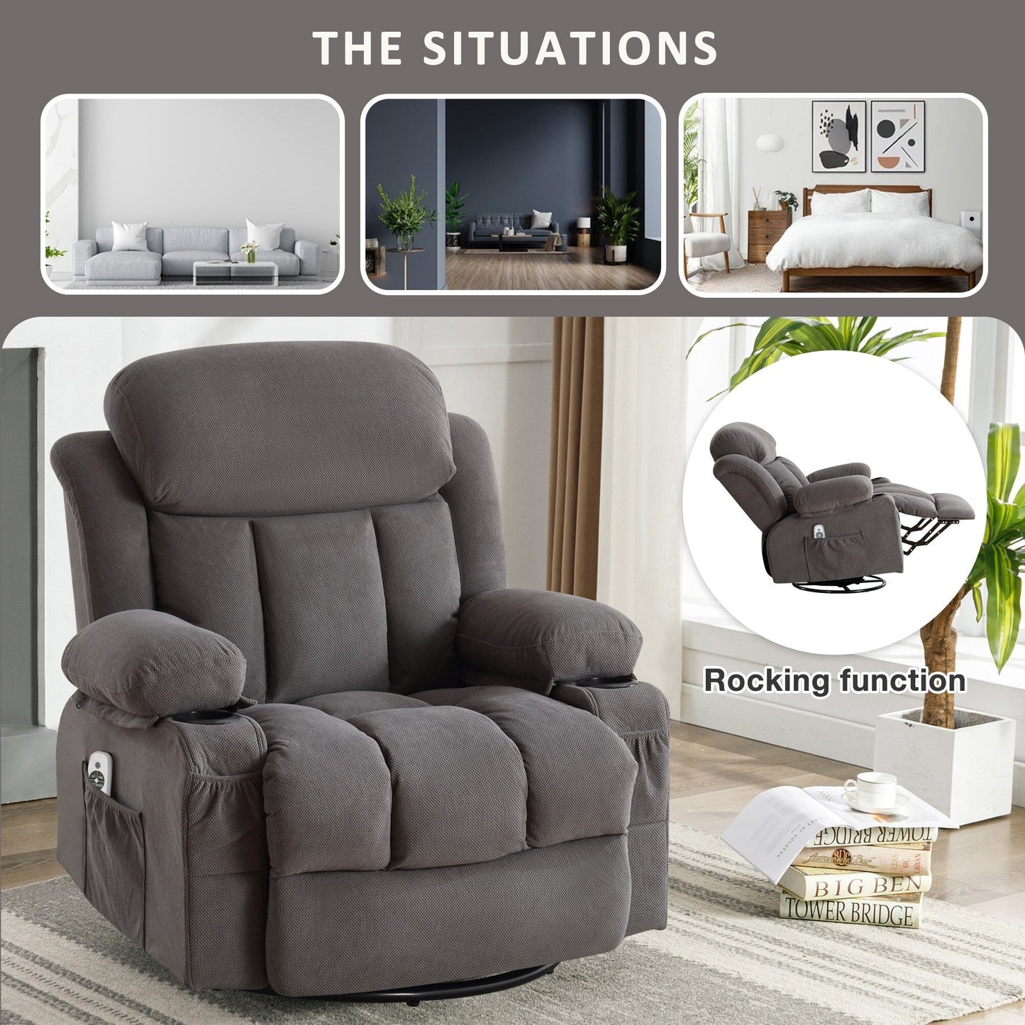Fauteuil inclinable de massage pivotant en velours avec chauffage et port USB