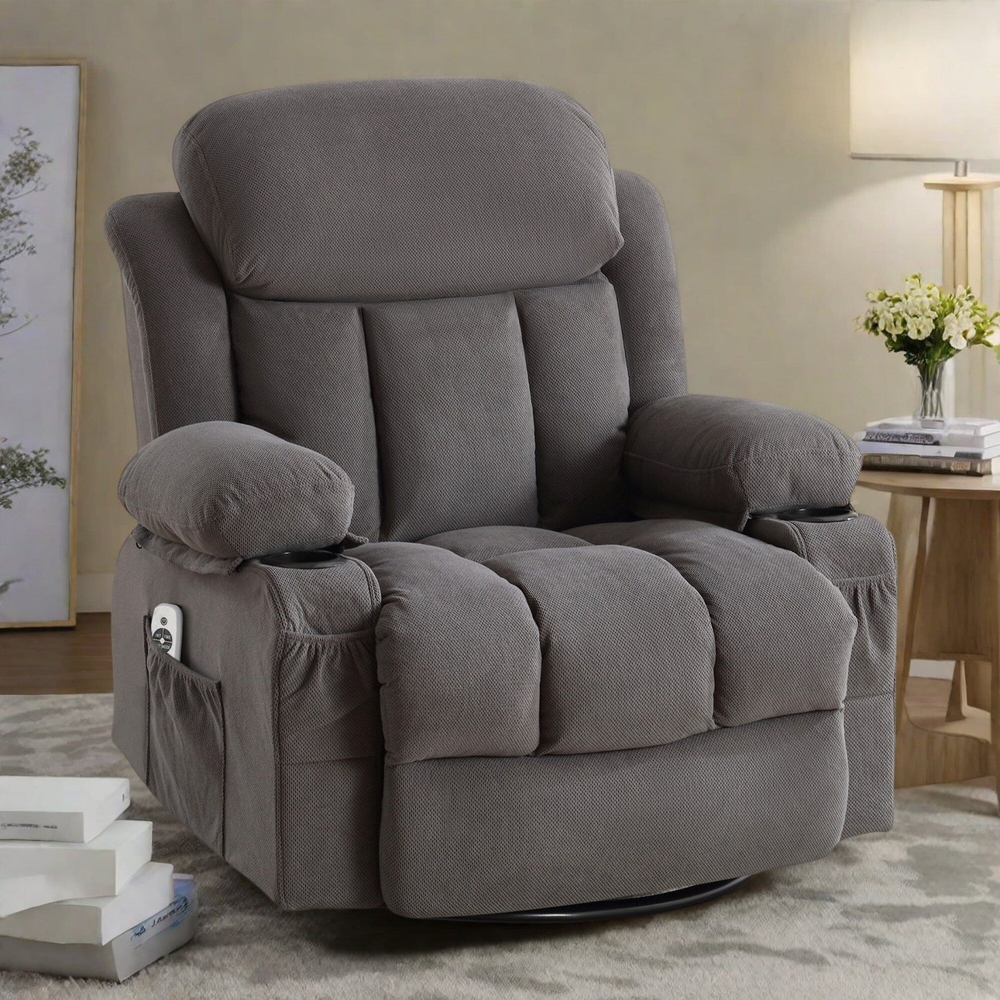 Fauteuil inclinable massant pivotant et chauffant, fauteuil de salon en velours avec massage à 8 points, commande manuelle, chargement USB