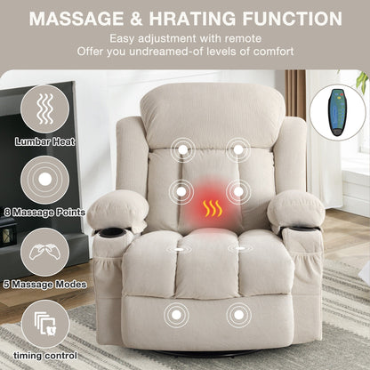 Fauteuil inclinable pivotant avec massage chauffant à 8 points et télécommande USB