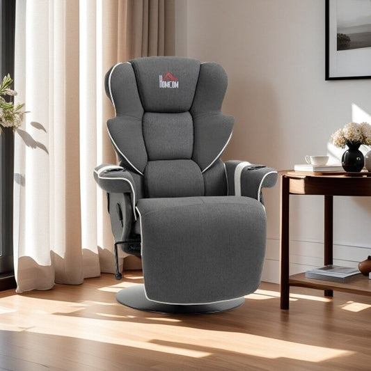 Fauteuil inclinable pivotant avec revêtement en lin, fauteuil de salon manuel avec repose-pieds et deux porte-gobelets pour salon