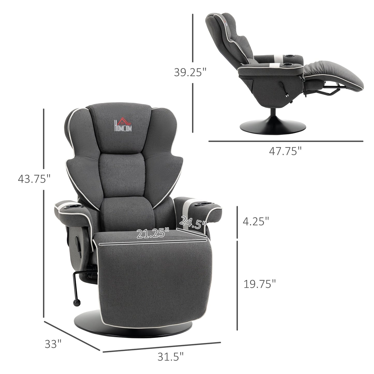Fauteuil inclinable pivotant avec revêtement en lin, fauteuil de salon manuel avec repose-pieds et deux porte-gobelets pour salon