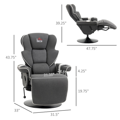 Fauteuil inclinable pivotant avec revêtement en lin, fauteuil de salon manuel avec repose-pieds et deux porte-gobelets pour salon