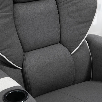 Fauteuil inclinable pivotant avec revêtement en lin, fauteuil de salon manuel avec repose-pieds et deux porte-gobelets pour salon