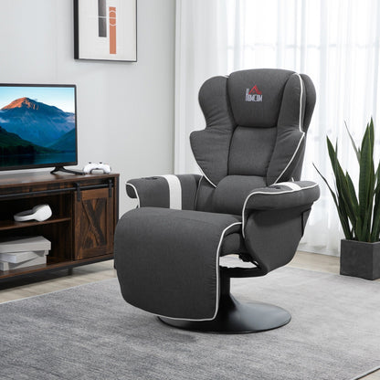 Fauteuil inclinable pivotant avec revêtement en lin, fauteuil de salon manuel avec repose-pieds et deux porte-gobelets pour salon