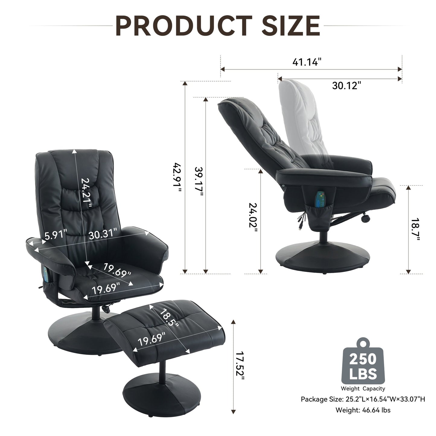 Fauteuil inclinable pivotant avec repose-pieds, siège chauffant, massage par vibrations à 5 points et dossier réglable à 140°